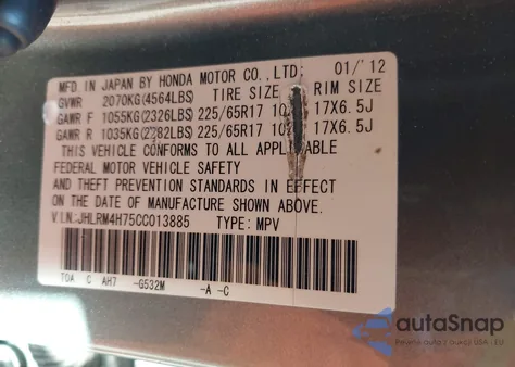 2012 Honda Cr-V Ex-L z USA, uszkodzony, nr VIN JHLRM4H75CC013885